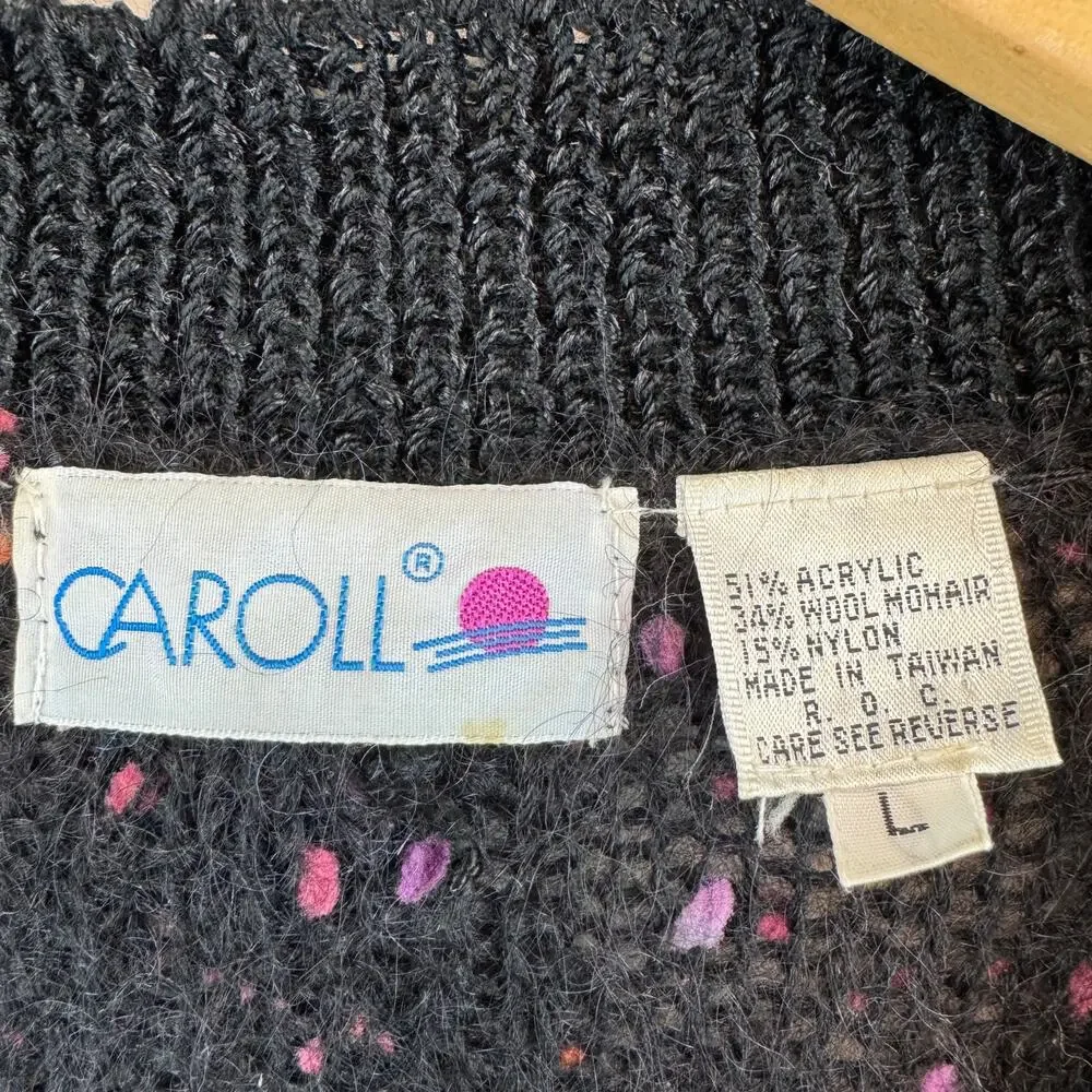 VTG Caroll Black Multi Polka Dot Pom-Poms Mohair-Acrylic Cardigan Size Large